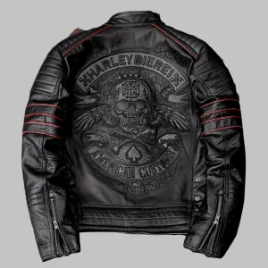 Veste en Cuir Noire Homme Style Gothique avec Broderies Crâne