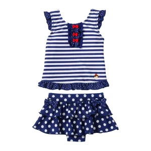 MAILLOT DEUX PIÈCES À VOLANTS À POIS ET RAYURES BLEUES
