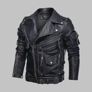 Blouson motard noir en cuir synthétique style rock pour homme
