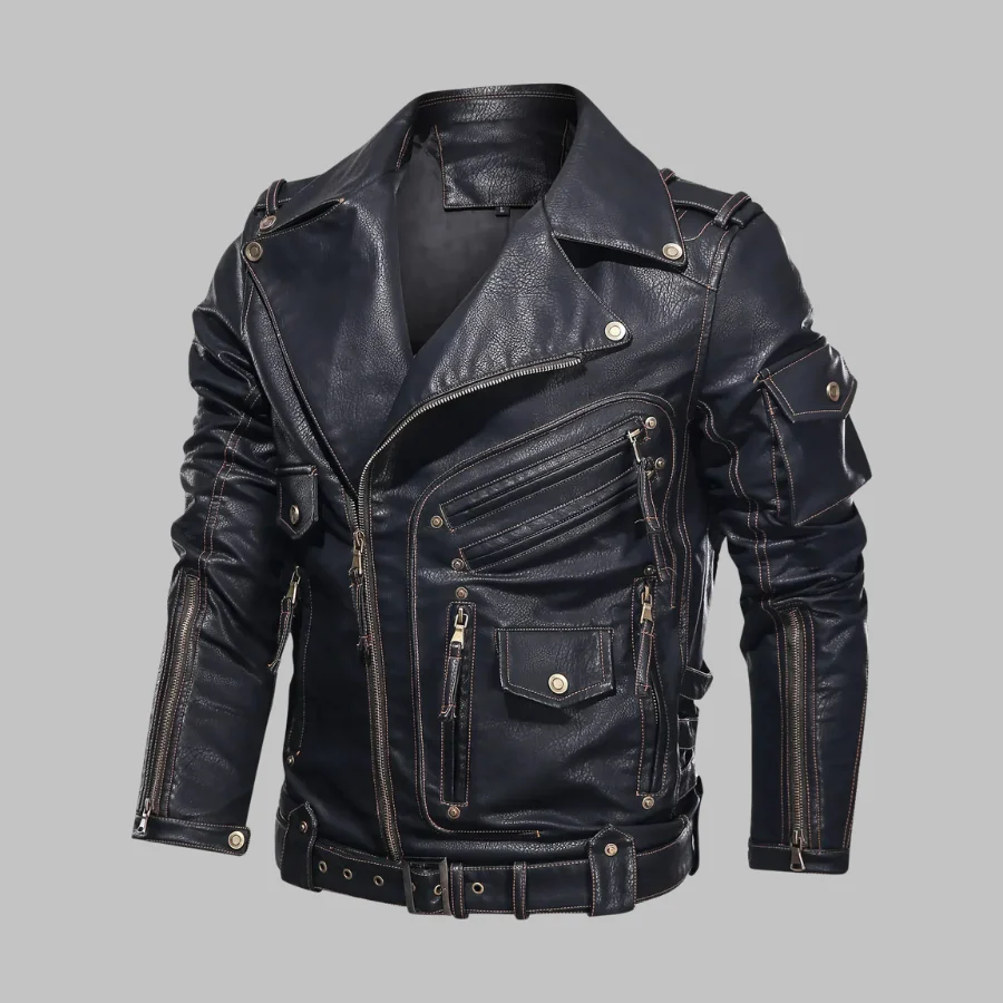 Blouson motard noir en cuir synthétique style rock pour homme