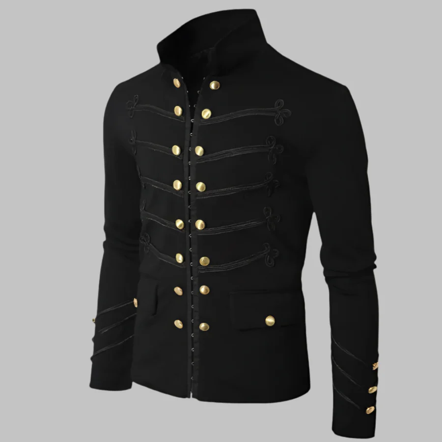 Veste militaire vintage noire avec boutons dorés style baroque