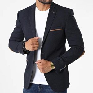 Blazer Homme Bleu Marine avec Coudières Camel – Coupe Ajustée