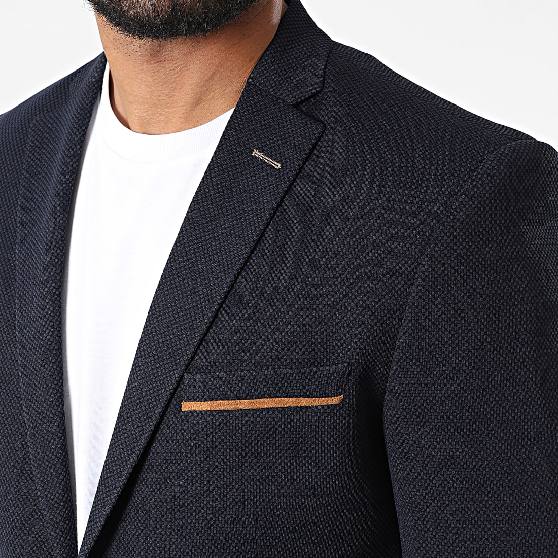Blazer Homme Bleu Marine avec Coudières Camel – Coupe Ajustée – Image 2