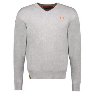 Canadian Peak FELINEAK Homme - Pull Col en V avec Drapeau et Impression Gris Clair