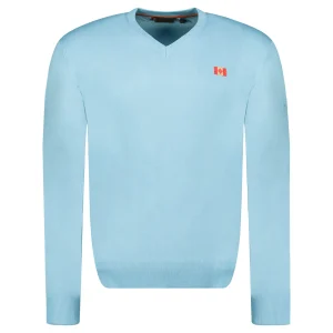 Canadian Peak FELINEAK Homme - Pull Col en V avec Drapeau et Impression Bleu Ciel