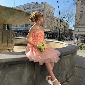 Robe fille rose en tulle fleurie