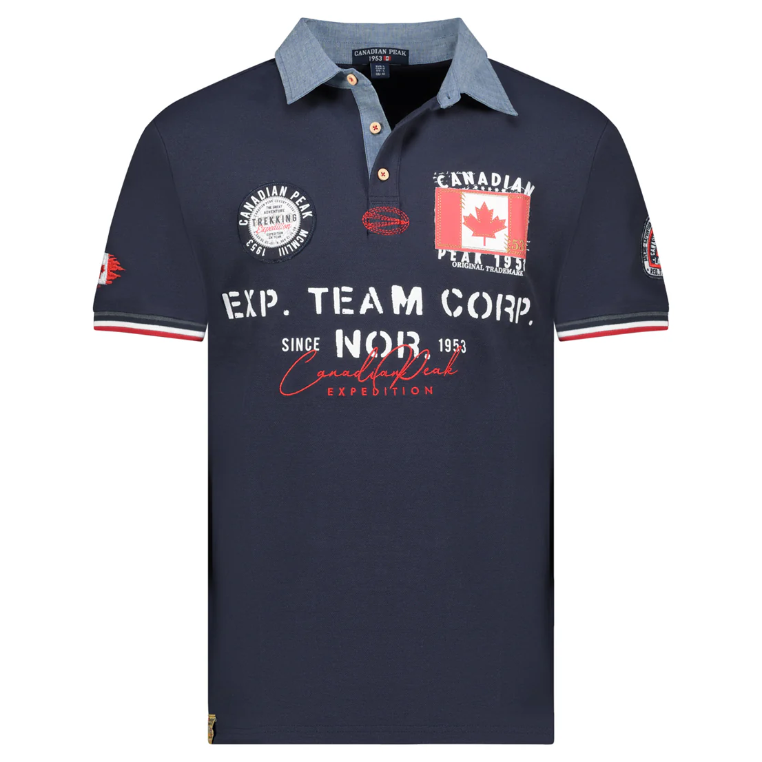 Canadian Peak KOPTEAK Homme - Polo Col Boutonné avec Drapeaux, Badges et Impressions MARINE
