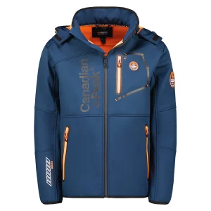 Canadian Peak ROYAUTEAK Homme - Veste Softshell avec Capuche Détachable et Poches Zippées Marine Orange