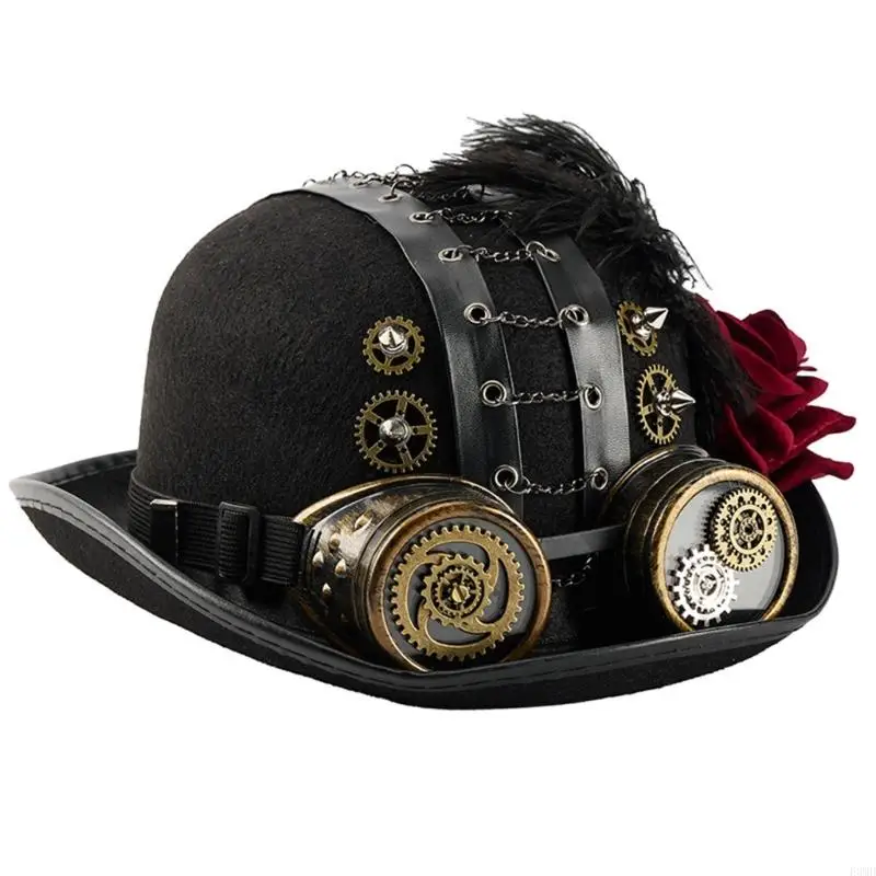 Chapeau Melon SteampunkNoir avec Goggles – Image 2