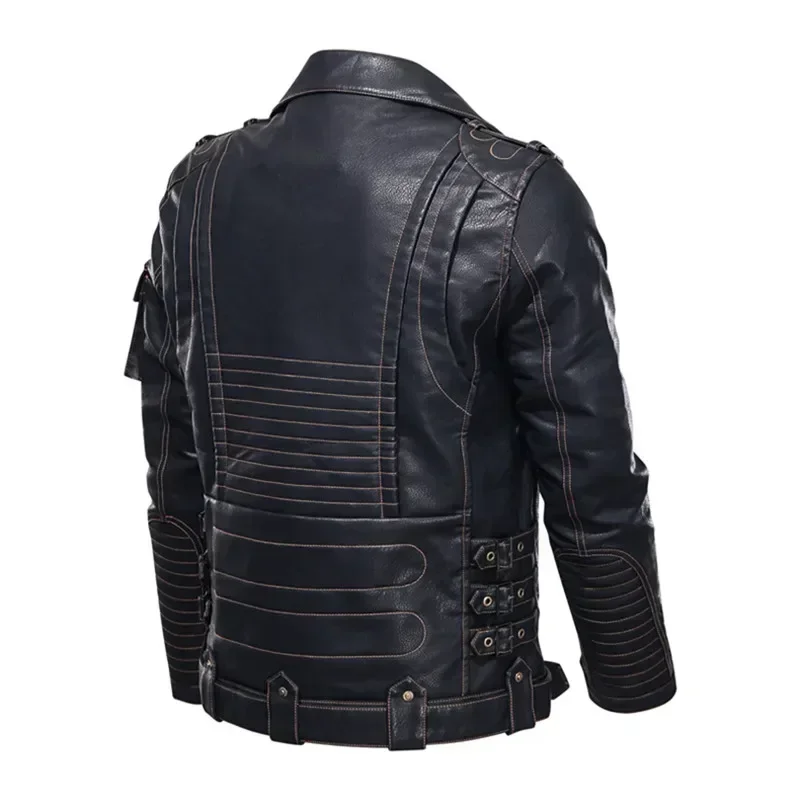 Blouson motard noir en cuir synthétique style rock pour homme – Image 4