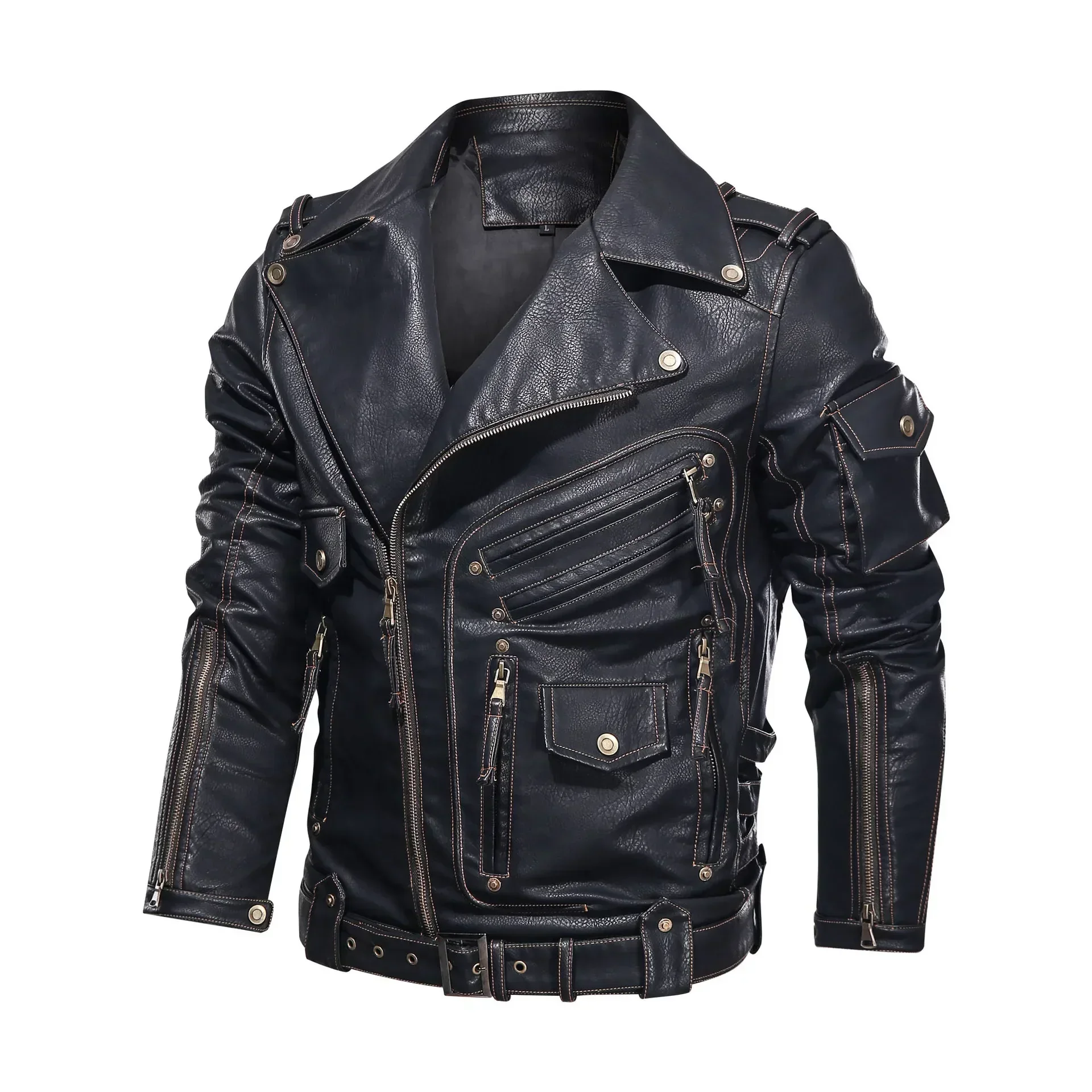 Blouson motard noir en cuir synthétique style rock pour homme – Image 2