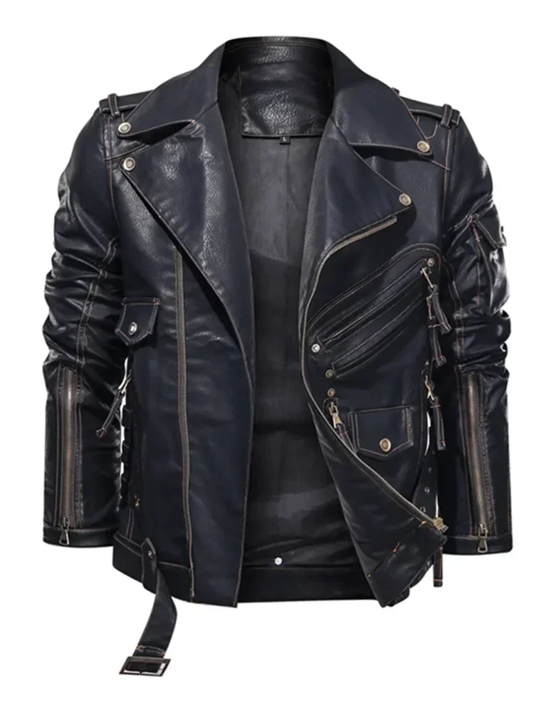 Blouson motard noir en cuir synthétique style rock pour homme – Image 3