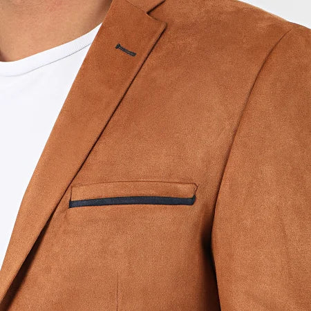 Blazer homme en Suédine Camel avec coudière Marine – Image 2