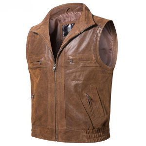 Gilet En Cuir Sans Manche Motard