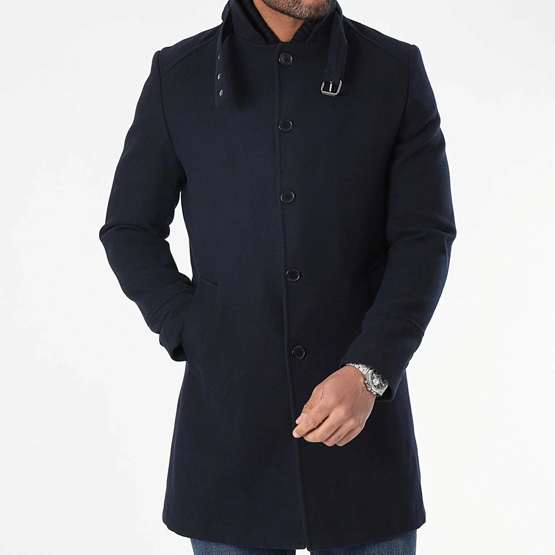 Manteau homme hiver bleu marine col montant – Image 2